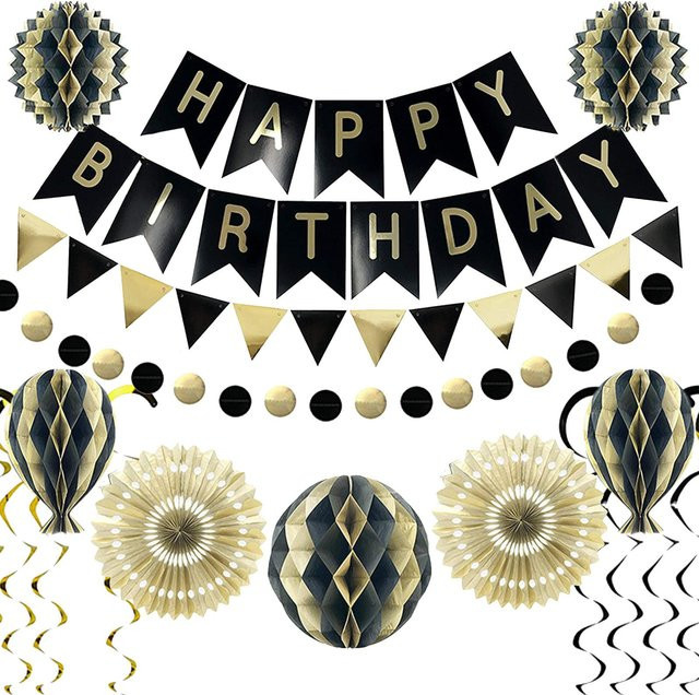 TOMTOP JMS 18-teiliges Alles Gute zum Geburtstag Banner-Set in Schwarz und Gold aus Papier zur Partydekoration - Bild 1