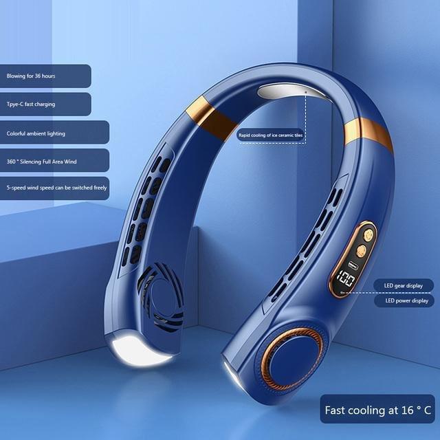 Tragbarer Halsventilator der 2. Generation von Aloisia in Blau mit Eiskeramik-Technologie, 5 Geschwindigkeiten, LED-Digitalanzeige und integrierter Taschenlampe - Bild 1