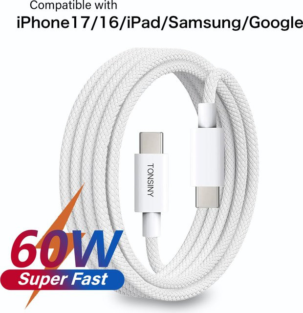 Tonsiny USB-C auf USB-C Schnellladekabel 60W in Weiß für iPhone, iPad, Samsung und andere Geräte - Bild 1