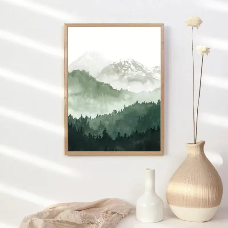 Potdemiel Leinwandgemälde Waldsee mit nebliger Berglandschaft und Kiefernbaum als minimalistischer Wandkunstdruck - Bild 2