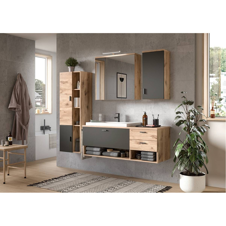 Badezimmer-Set xonox.home GRADO in Eiche Nox Oak Nachbildung, 5-tlg. mit Waschbecken, Spiegelschrank, Midischrank und Hängeschrank, B/H/T: 203 x 192 x 48 cm - Bild 4