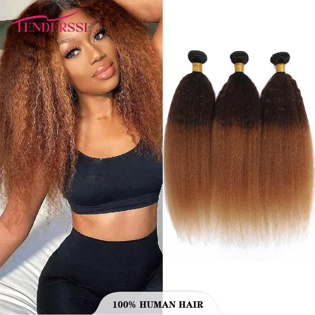 fraisbelle Yaki Kinky Straight Echthaar Extensions, 3 Bündel, 100% Mongolisches Remy Echthaar, 12A Ombre - Bild 1