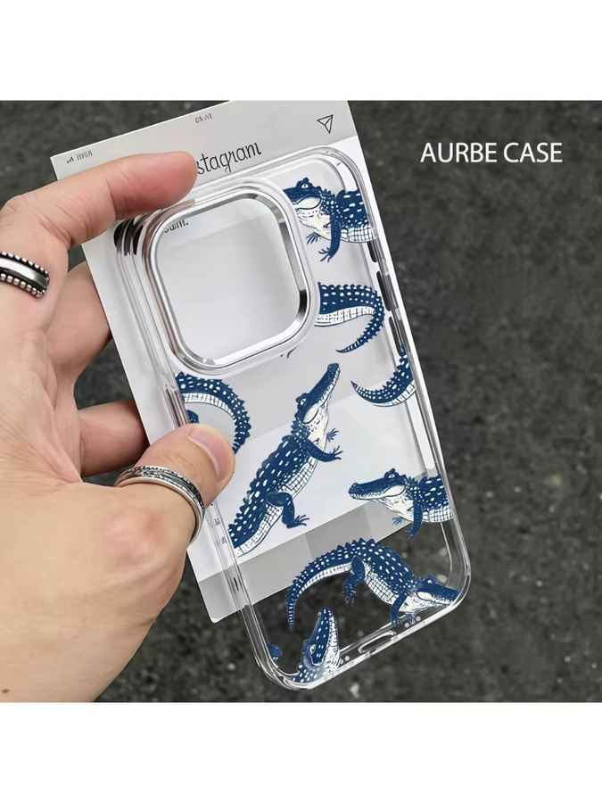 Aurbe Handyhülle mit Indigo Krokodilmuster und silbernem Linsenrahmen für iPhone 11 bis iPhone 17 Pro Max, Transparent - Bild 4