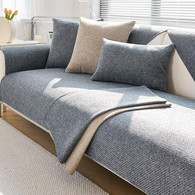 Super Six Sofabezug aus Baumwollleinen in Blau, geflochtenes Sofatuch für L-förmige Ecksofas, rutschfeste Abdeckung, Breite: 70 cm, Höhe: 70 cm - Bild 1