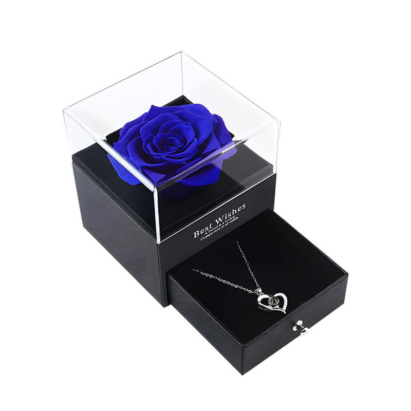 TOMTOP JMS Ewige Rosenbox mit blauer konservierter Rose und Kristallhalskette als Dekoration für Valentinstag oder Geburtstag - Bild 5
