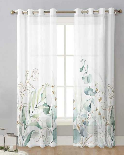 Yiran Furniture Eukalyptus Vorhänge aus transparentem Tüll und Chiffon in Grün und Weiß, 2er-Set inklusive Haken, Breite: 65 cm, Höhe: 60 cm - Bild 1