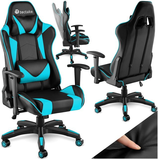 tectake Racing Gaming Stuhl mit Kunstlederbezug, ergonomische Form, verstellbare Rückenlehne, einstellbare Armlehnen und abnehmbarem Nacken- und Lendenkissen, Belastbarkeit 120 kg - Bild 1