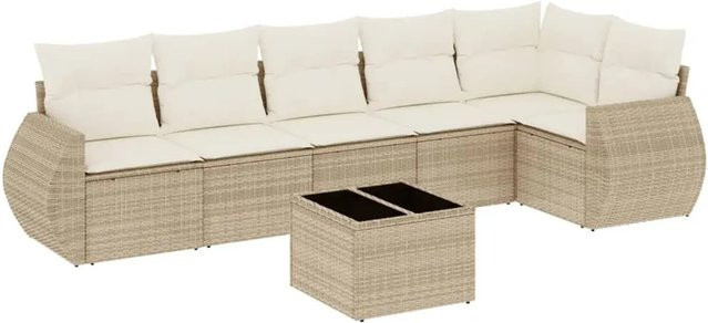 vidaXL 7-teilige Garten-Sofagarnitur in L-Form mit Kissen und Couchtisch, Beige, Poly Rattan und Metallgestell - Bild 1