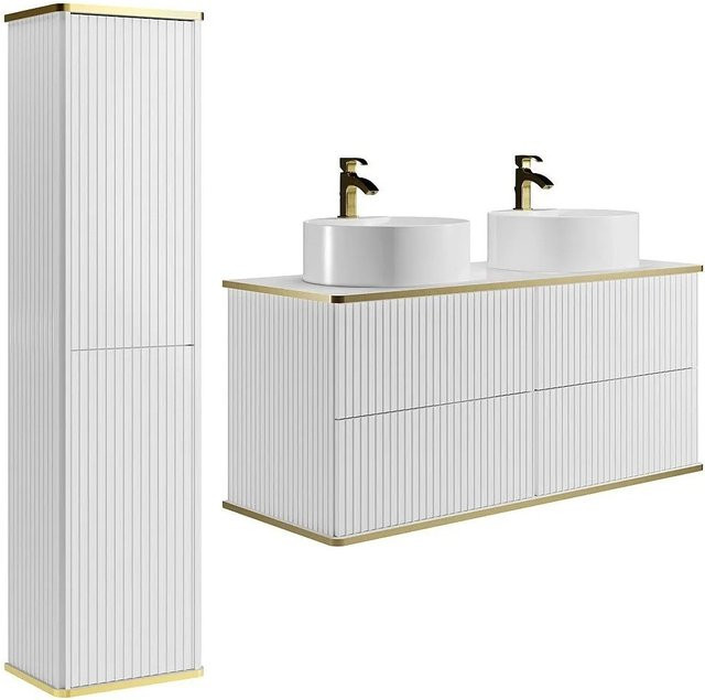 Vente-unique Badmöbel-Set Keliza in Weiß im Art-Déco-Stil mit Aufsatzwaschbecken und Hochschrank, Breite: 120 cm - Bild 1