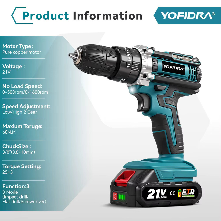 YOFIDRA Elektrische Schlagbohrmaschine mit 32/53-teiligem Werkzeug-Set und 21V Akkuschrauber kompatibel mit Makita LXT Batterien, 60 N.m Drehmoment - Bild 6