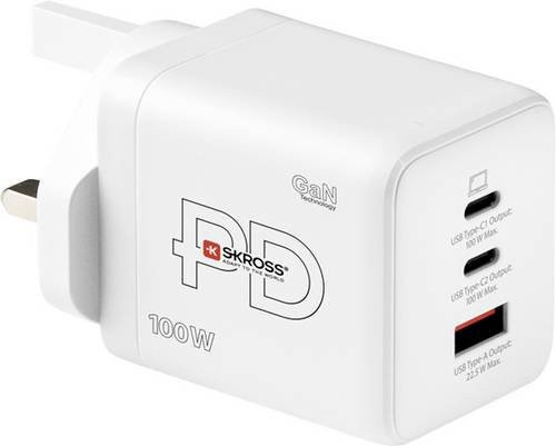Skross Power Charger Combo+ 100W UK USB Ladegerät in Weiß mit 2x USB-C und 1x USB-A sowie USB Power Delivery (USB-PD) - Bild 1