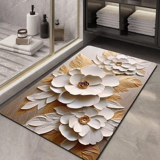 Saugfähige Kieselgurmatte mit Blumenmuster von Yiran Furniture, rutschfeste Fußmatte in Weiß, B/B: 40 x 50 cm - Bild 1