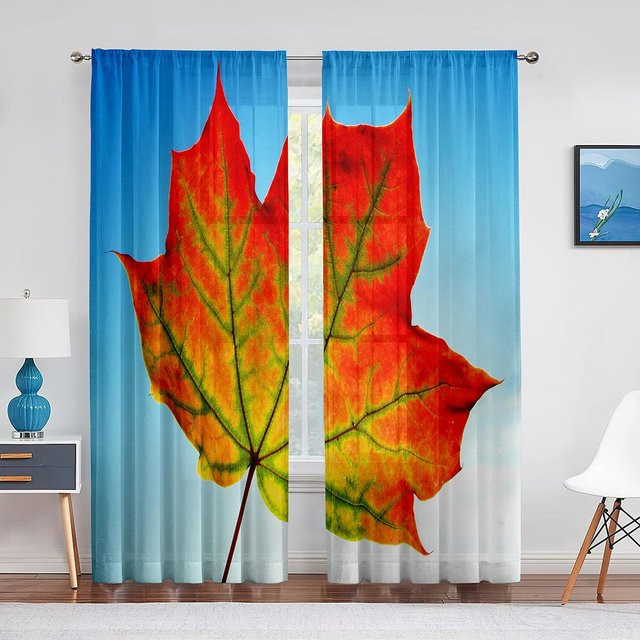 Transparenter Tüllvorhang mit herbstlichem Ahornblatt-Design in Orange, Super Six Voile-Fensterbehang für Wohnzimmer und Schlafzimmer, Breite: 100 cm, Höhe: 250 cm - Bild 1