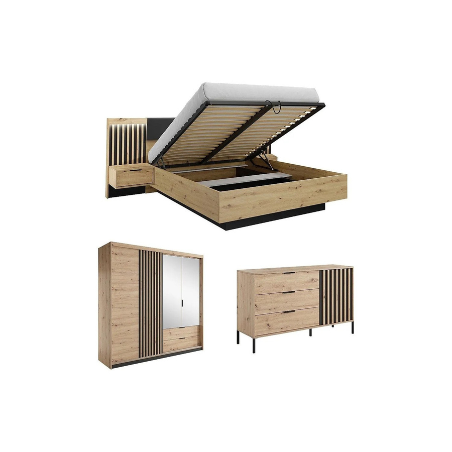 Schlafzimmer-Komplettset Vente-unique Ariada in Schwarz und Beige mit Bettgestell, Kleiderschrank, Kommode und Nachttisch im modernen Design - Bild 2