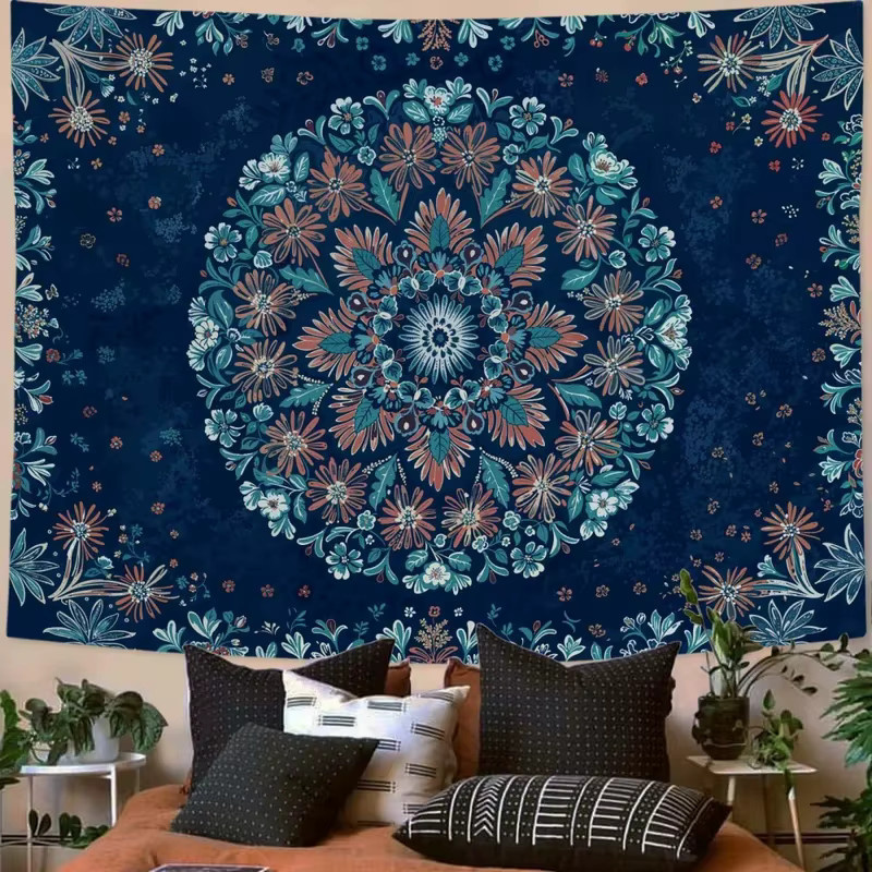 VIKAMA Wandteppich Mandala Blumen Boho Wandbehang Marineblau B: 90 cm, H: 60 cm - Bild 2