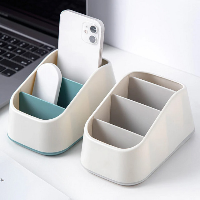 Desktop Organizer in Trapezform mit 4 Fächern für Fernbedienungen und Schreibwaren, Weiß, Kunststoff - Bild 1