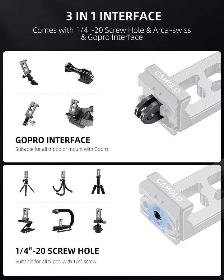 Comica Telefon-Clip-Halterung aus Metall mit Arca-Anschluss und Action-Kamera-Adapter für GoPro, iPhone und Samsung - Bild 3