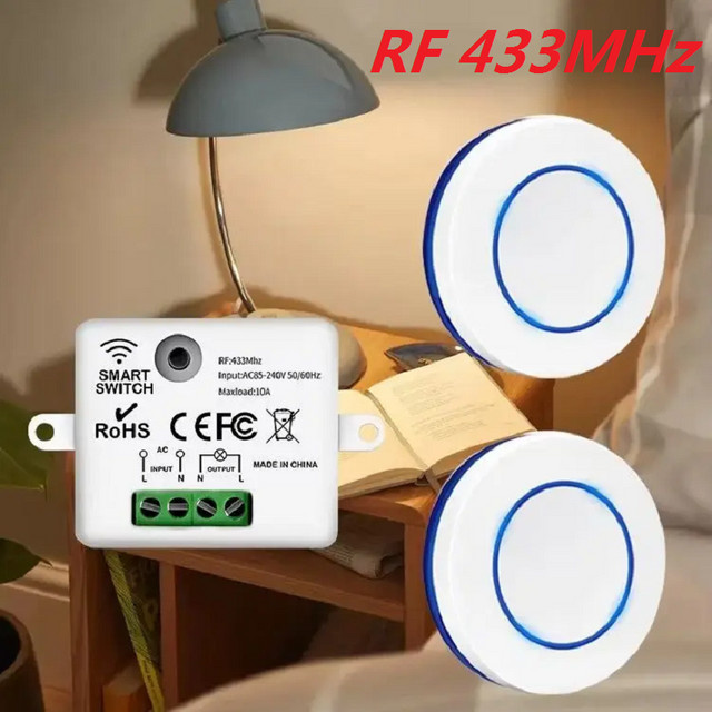QNCX Kabelloser Lichtschalter 433 MHz mit Fernbedienung, 10 A Relaisbrecher für LED-Lampen, Weiß - Bild 1