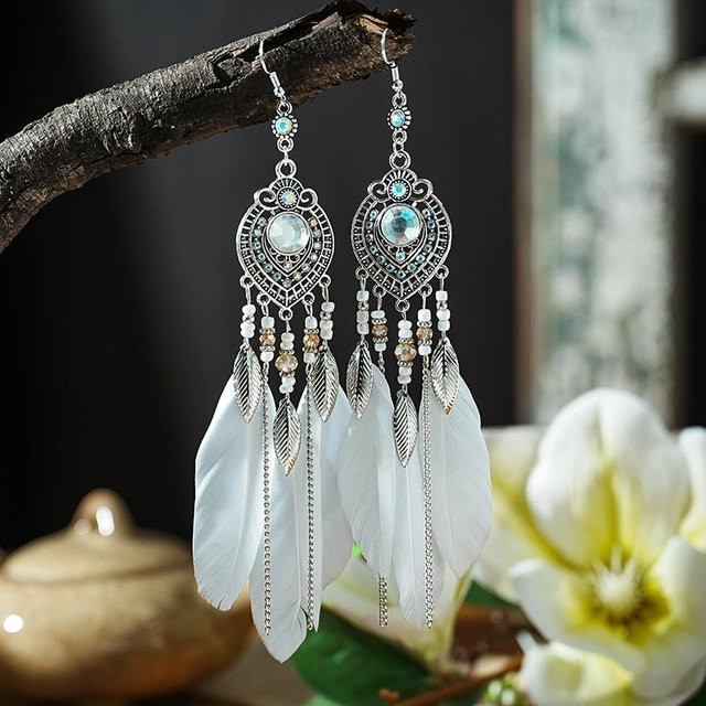Hängeohrringe Boho Feder Blatt Quaste, Strass, Kristall, Perlen, Damen, grau - Bild 1