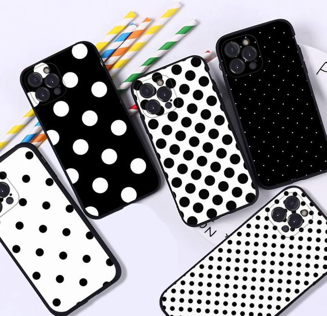 Stoßfeste und rutschfeste Handyhülle mit schwarz-weißem Punktmuster für iPhone 11 bis iPhone 16 Pro Max, Mini, Plus und SE - Bild 1
