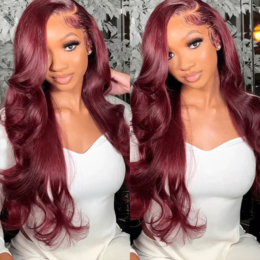 BUNGIOL Perücke Echthaar, Body Wave, Burgunderrot, 36 Zoll, 250% Dichte - Bild 7