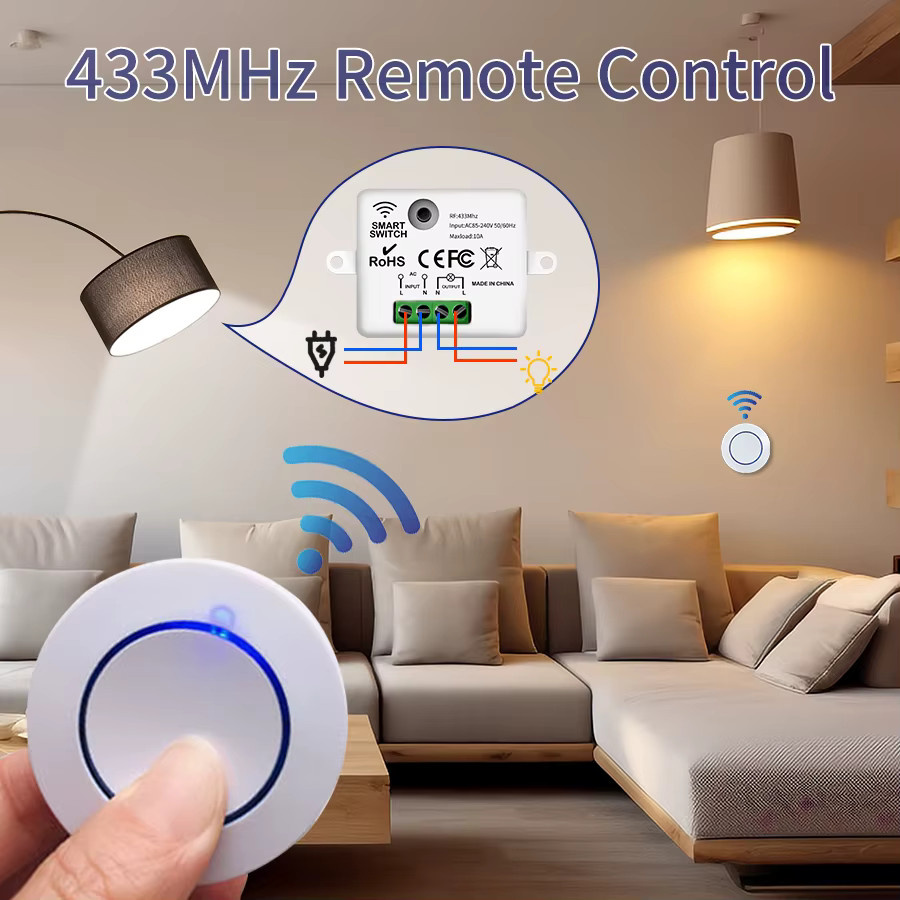 GGBEE Drahtloser Lichtschalter mit RF433MHz Fernbedienung und 10A Relais-Controller, Mini Rundes Wandpaneel mit Taste für LED Lampen, Weiß - Bild 3