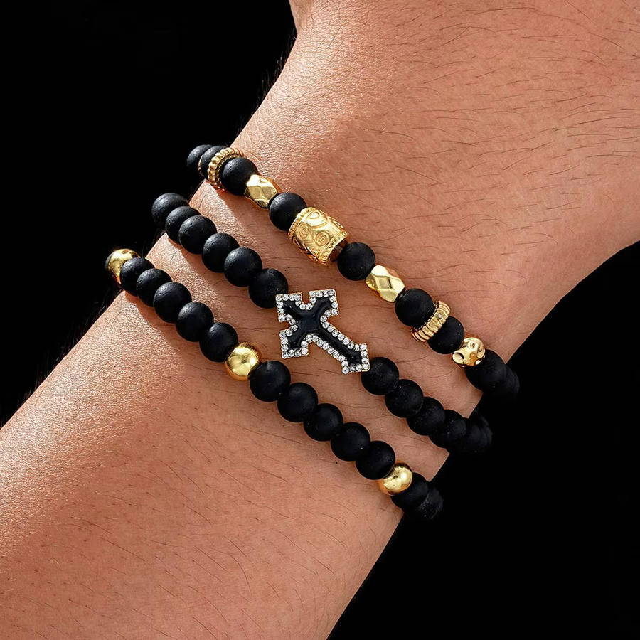 DAIPAN Armband Set, Schwarz, Perlen, Kristall, Kreuz Charme, Unisex - Bild 2