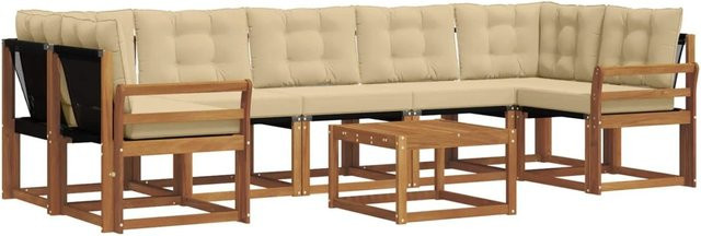 vidaXL Outdoor-Sofagarnitur 8-teilig L-Form aus Akazienholz mit Kissen und Couchtisch in Braun und Beige - Bild 1