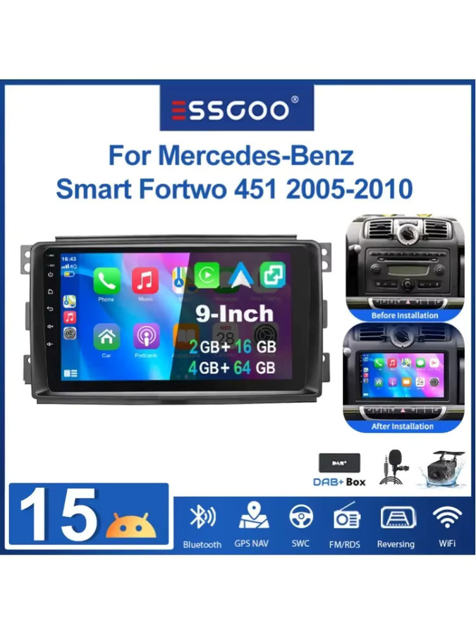 ESSGOO Android 15 Autoradio für Mercedes Benz Smart Fortwo 451 (2005-2010) mit 9 Zoll Touchscreen, 2GB RAM, 16GB Speicher, 4G, WLAN, Bluetooth, GPS, Wireless CarPlay und Android Auto in Schwarz - Bild 5