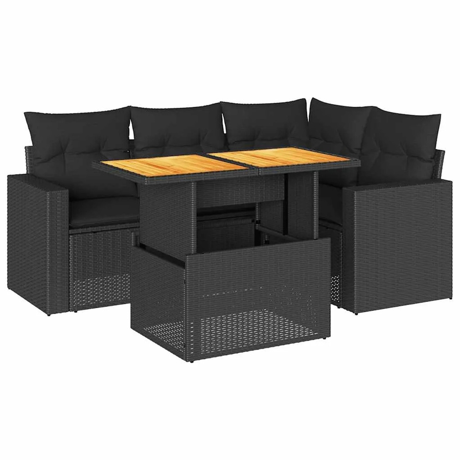 vidaXL 5-tlg. Garten-Sofagarnitur in L-Form aus schwarzem Poly-Rattan mit Kissen und pulverbeschichtetem Stahlgestell - Bild 2