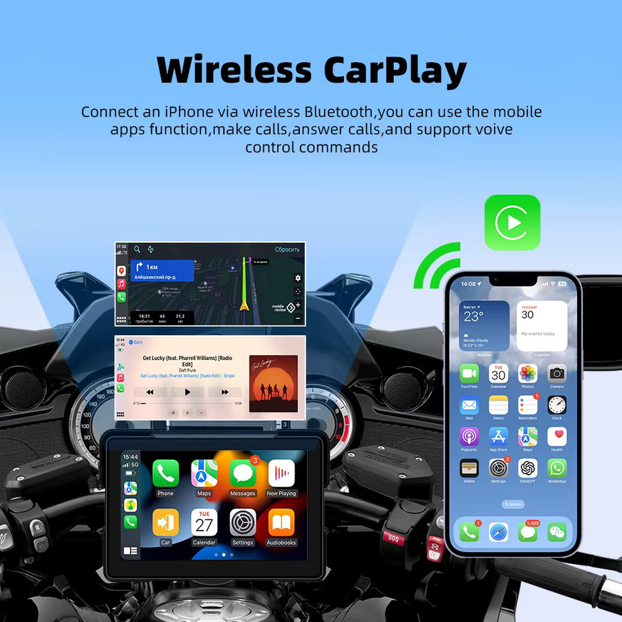 EKIY Kabelloses CarPlay und Android Auto Motorrad-Navigationsdisplay mit 7,0 Zoll Bildschirm, GPS und TPMS, Schwarz - Bild 3