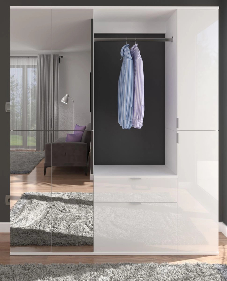 Garderobenschrank SystemX von Inn.Furn in Weiß Hochglanz mit Spiegel, Hosenregal und Einlegeböden, B/T/H: 152 x 34 x 193 cm - Bild 2