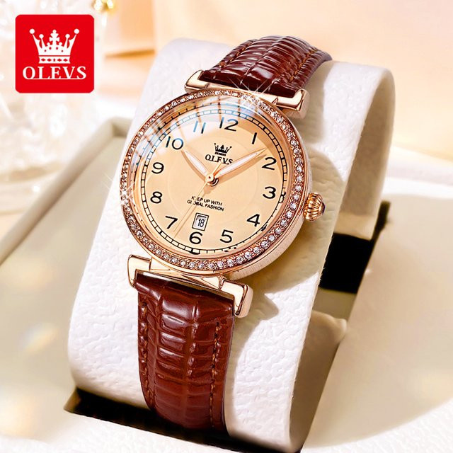 OLEVS Armbanduhr Quarz, Diamantbesetzt, Leder, Weiß, Damen - Bild 1