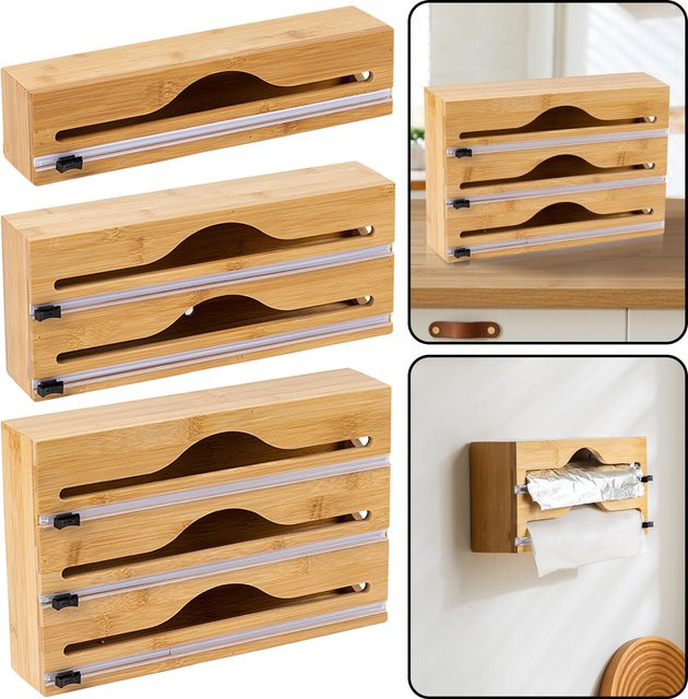 Aihogard Folienspender aus Bambus mit integriertem Schneider zur Wandmontage, braun - Bild 1