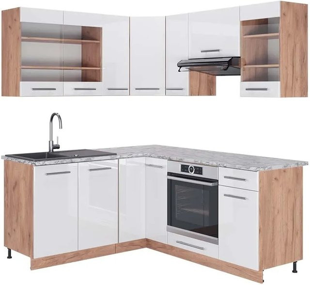 Vicco Fame-Line Eckküche in Weiß Hochglanz und Goldkraft Eiche mit Marmor-Optik, B/T/H: 160 x 190 cm - Bild 1