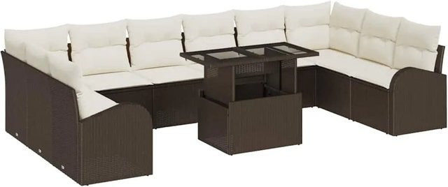 vidaXL Garten-Sofa-Set in U-Form aus Poly-Rattan in Braun mit 11-teiligem Set inklusive Polstern und integriertem Stauraum für Kissen - Bild 1