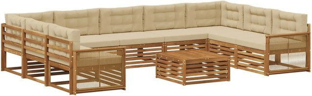 vidaXL Outdoor-Sofagarnitur aus Massivholz Akazie in Natur und Beige mit 10-teiligem Set und wetterfesten Kissen - Bild 1