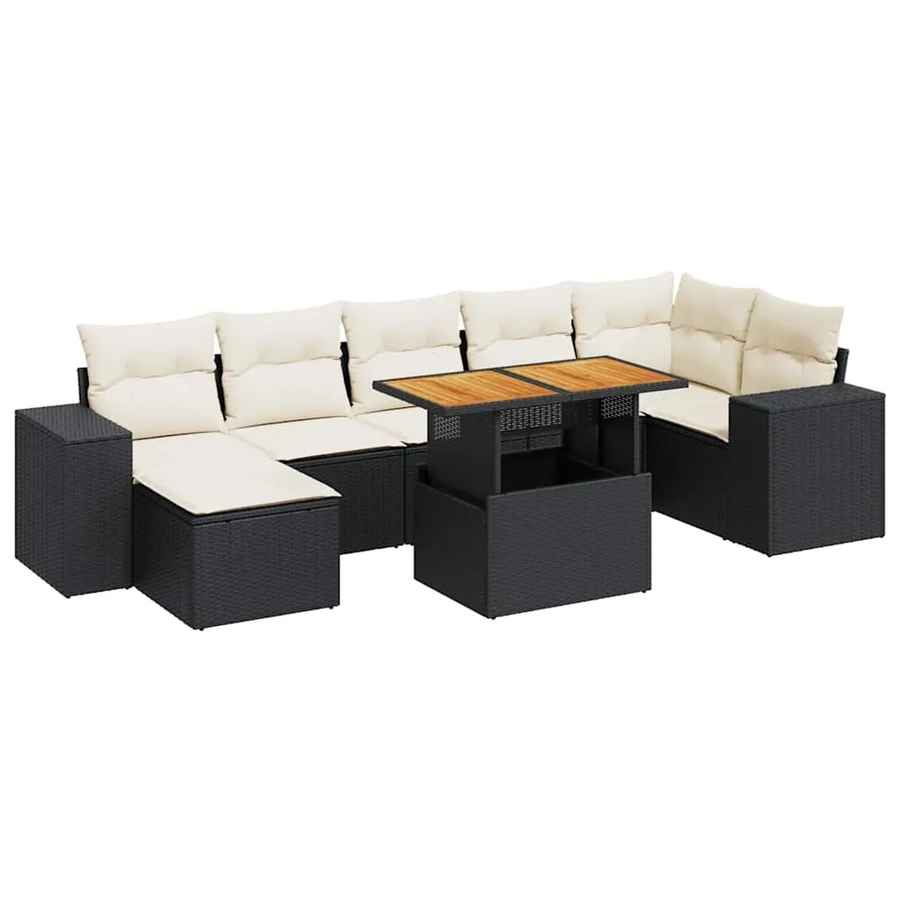 vidaXL 8-tlg Garten-Sofagarnitur in L-Form aus Polyrattan und Akazienholz mit Kissen in Schwarz-creme - Bild 2