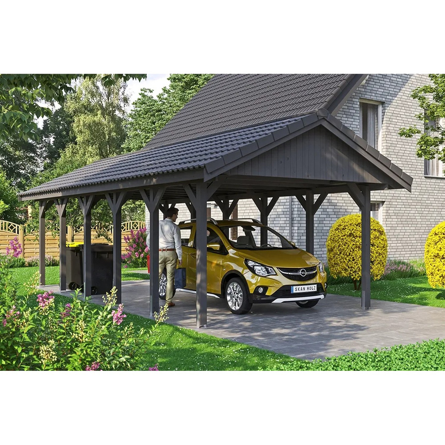 Skan Holz Carport Wallgau Satteldach aus Nadelholz in Schiefergrau B/T: 430 x 900 cm, Höhe: 326 cm - Bild 2