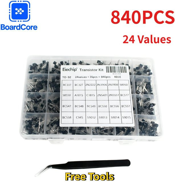 YTDMEN 840-teiliges TO-92 Transistor-Set in Schwarz mit 24 Werten wie 2N2222, 2N3904, BC547 und ESD15-Pinzette - Bild 1