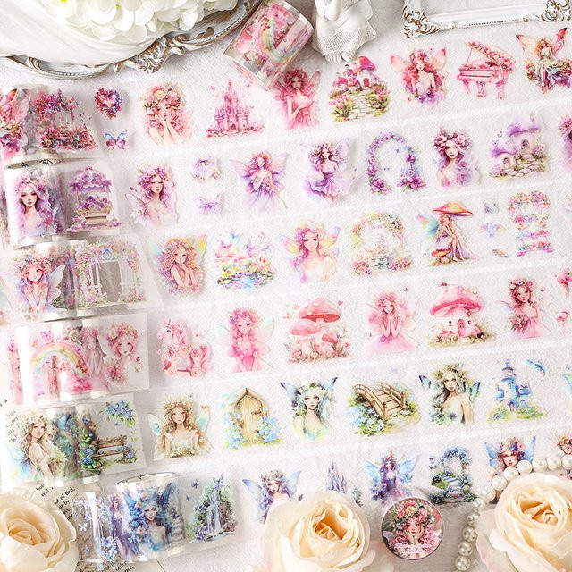 Kawaii Mädchen Blumen Washi Tape Dekoratives Klebeband für Tagebuch und DIY Junk Journal, B: 5 cm, L: 2 m, Mehrfarbig - Bild 1