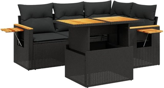 vidaXL 5-teilige Garten-Sofagarnitur aus Poly-Rattan und Akazienholz in Schwarz mit Kissen - Bild 1
