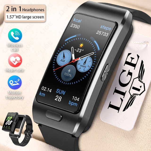 LIGE 2-in-1 Bluetooth Kopfhörer Smartwatch mit GPS-Tracker und Herzfrequenz-Überwachung für Android und iOS in Schwarz oder Blau - Bild 1