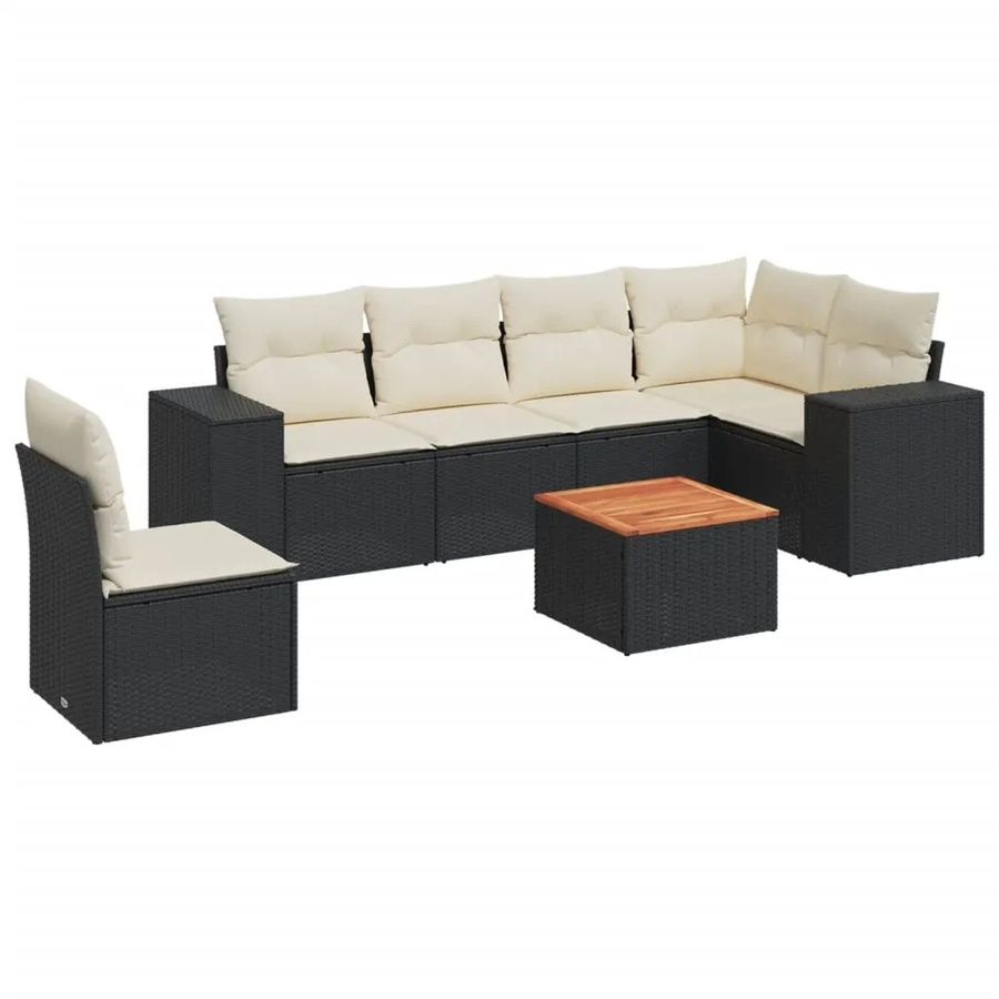 vidaXL 7-teilige Garten-Sofagarnitur aus Poly-Rattan und Akazienholz in Schwarz-Creme mit Kissen - Bild 2