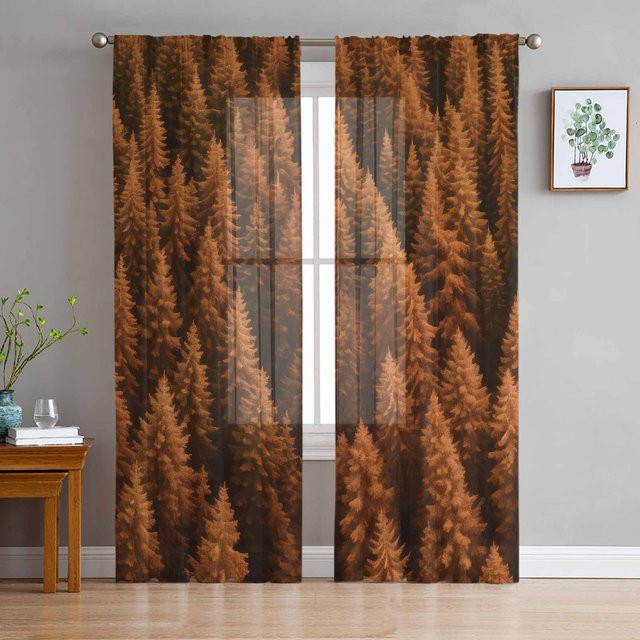 Luxus Chiffon Fenstervorhang Super Six mit Waldbaum-Herbst-Motiv in Schwarz und Braun, Breite: 135 cm, Höhe: 114 cm - Bild 1