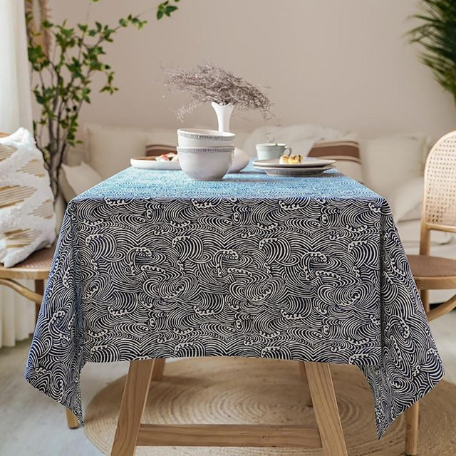 MARKET-1 Tischdecke aus Baumwoll-Leinen im japanischen Stil mit blauem Meereswellen-Muster, rechteckig, B/T: 140 x 180 cm - Bild 1