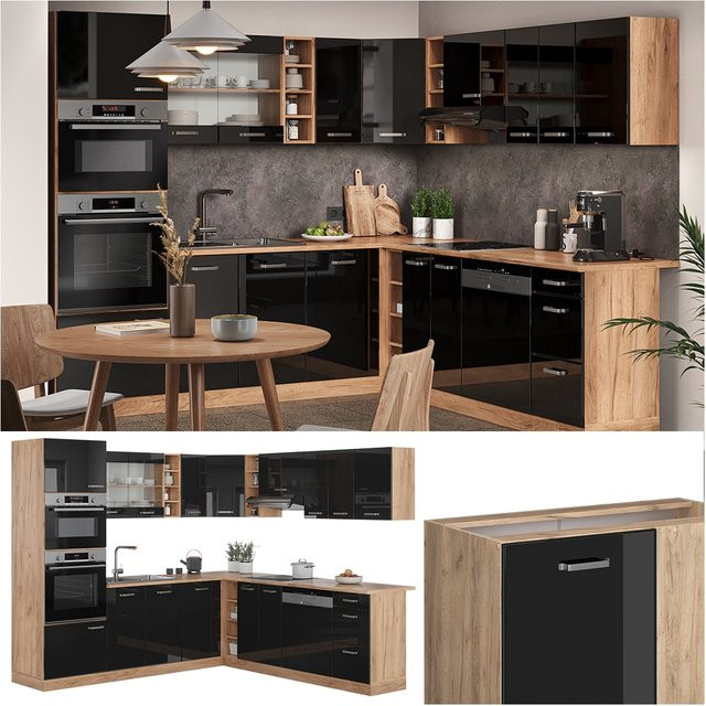 Vicco R-Line Eckküche modern in Schwarz und Goldkraft Eiche mit Hochglanz-Finish B/T/H: 247 x 60 x 237 cm - Bild 1