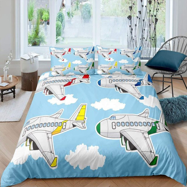 Binchi Outdoor Product Bettwäsche-Set Flugzeug Himmel Wolke in Blau, 3-teilig aus Polyester mit Bettbezug und Kissenbezug, B/H: 140 x 200 cm - Bild 1