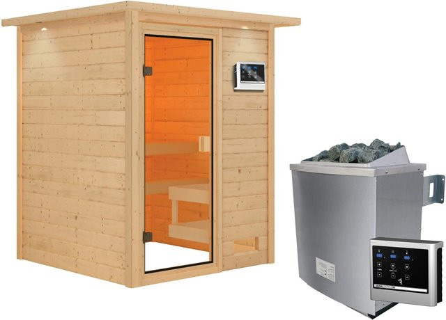 Karibu Massivholzsauna Sandra aus Fichte in Braun und Bronze mit 9,0 kW Ofen, externem Steuergerät und LED-Dachkranz, B/T/H: 187,0 x 159,0 x 173,0 cm - Bild 1