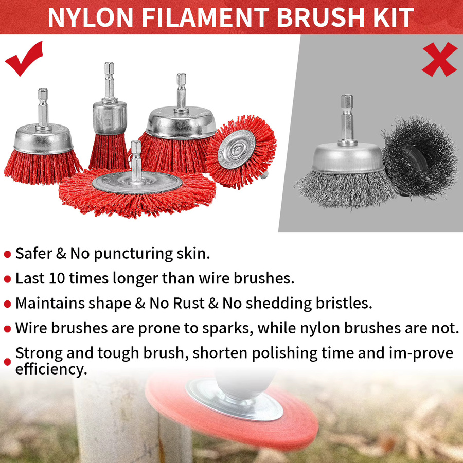 NuoDun 5-teiliges Nylon-Filament-Schleifbürsten-Set mit sechseckigem Griff zur Entfernung von Rost, Korrosion und Farbe in Rot - Bild 5